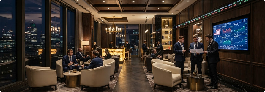 Members networking in an elegant financial lounge overlooking the city